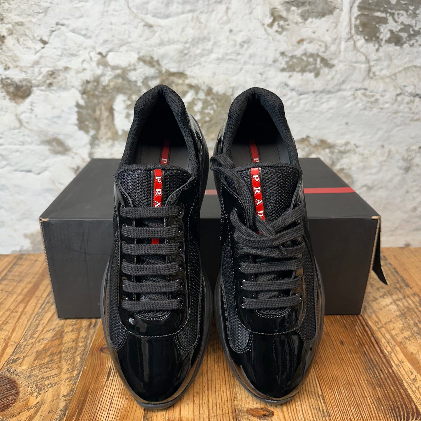 Prada Americas Cup Triple Black Patent Sneaker Sz 9.5 DS