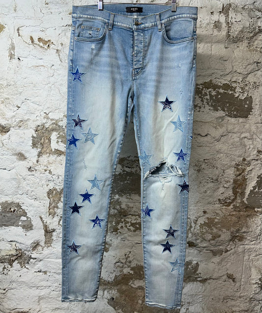 Amiri Blue Paisley Star Knee Hole Blue Denim Jeans Sz 38