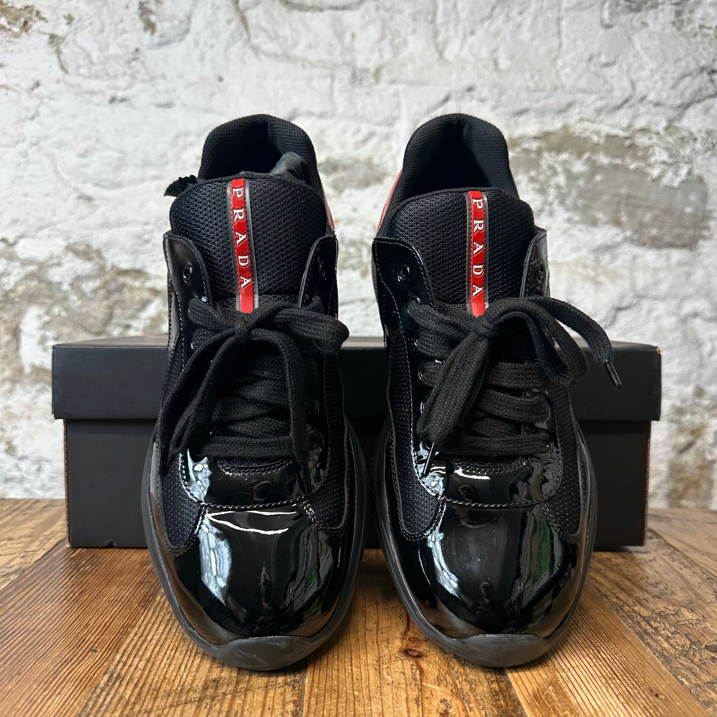 Prada Americas Cup Black Red Patent Black Sneaker Sz 10