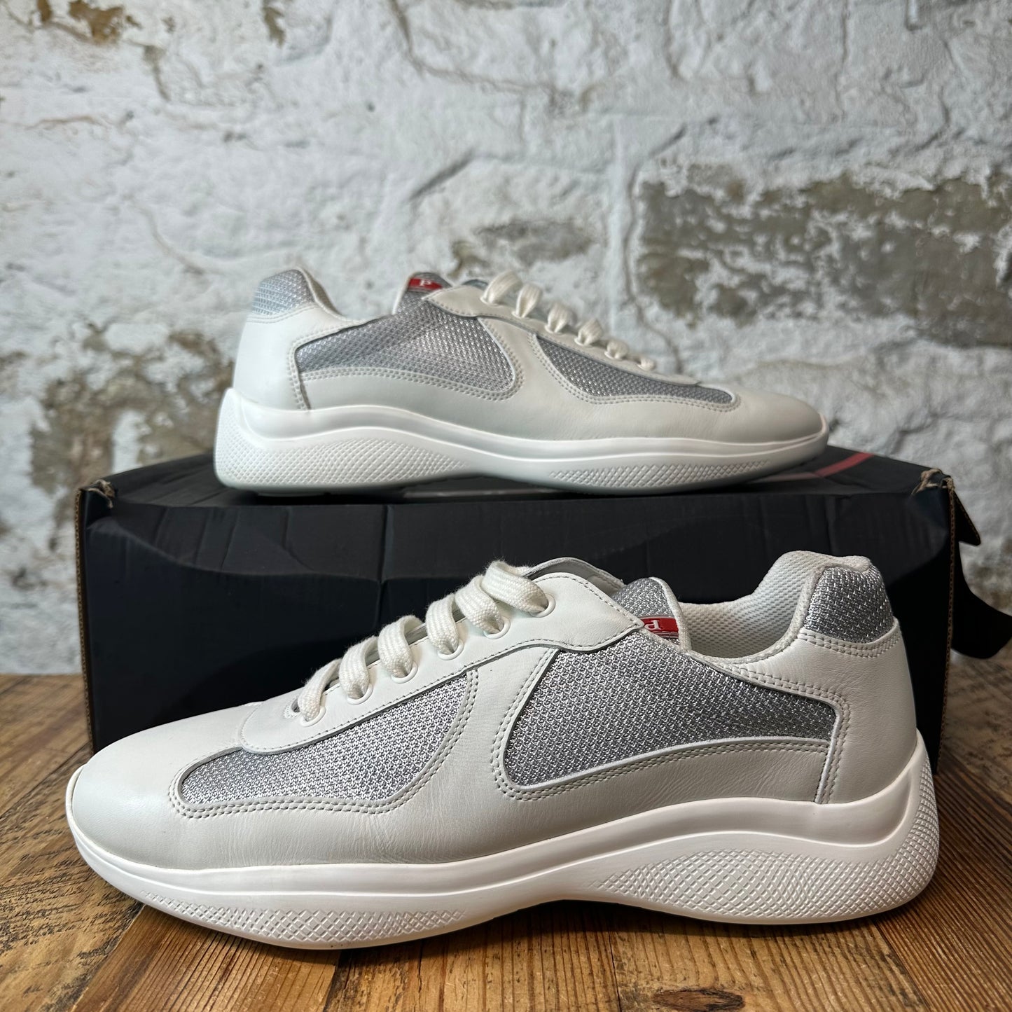 Prada Americas Cup White Leather Grey Sneaker Sz 9.5