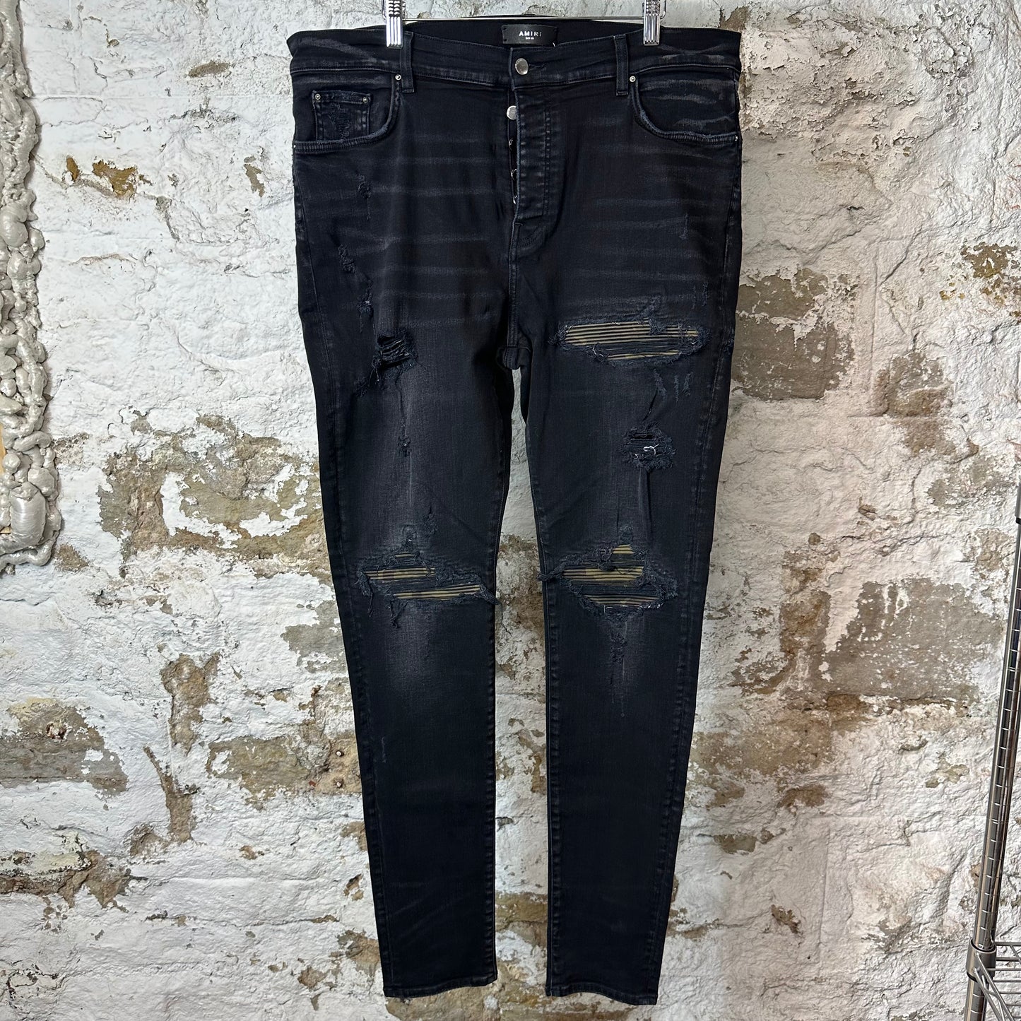 Amiri MX1 Camo Patch Black Denim Jeans Sz 40