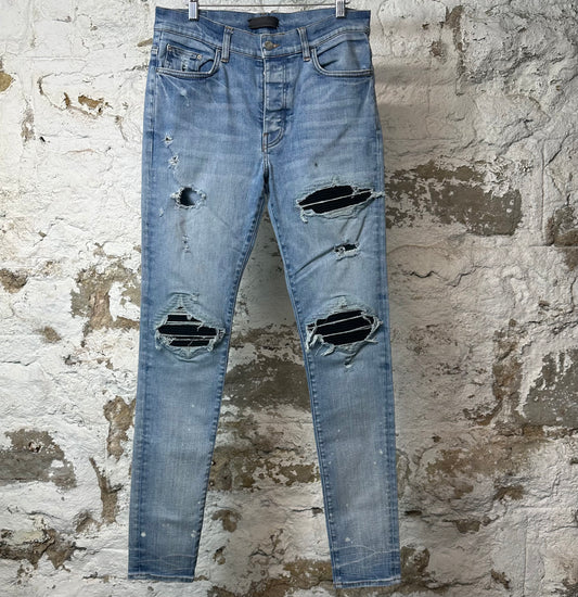 Amiri MX1 Black Suede Blue Denim Jeans Sz 33