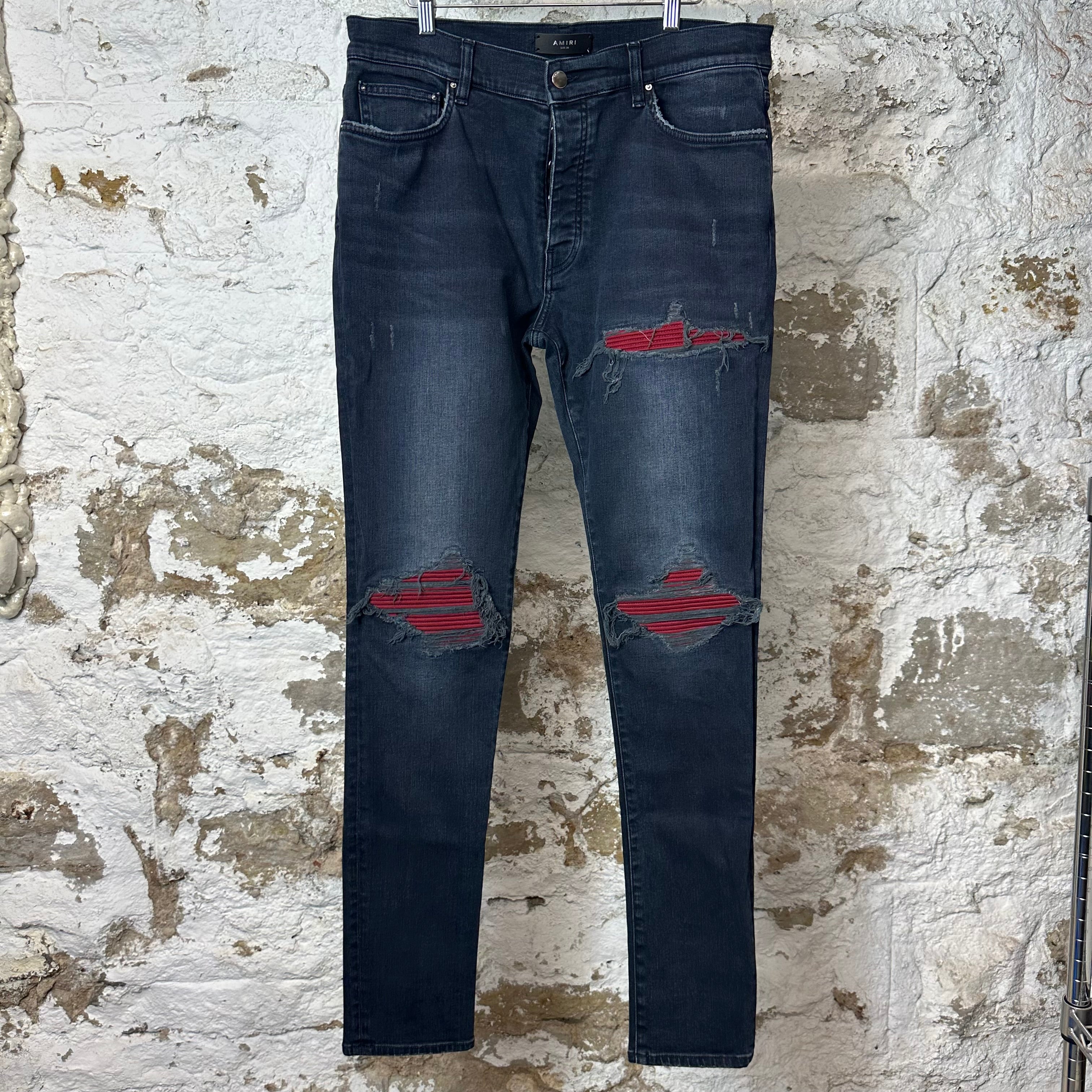 Amiri MX1 Red Suede Faded Black Denim Jeans Sz 36