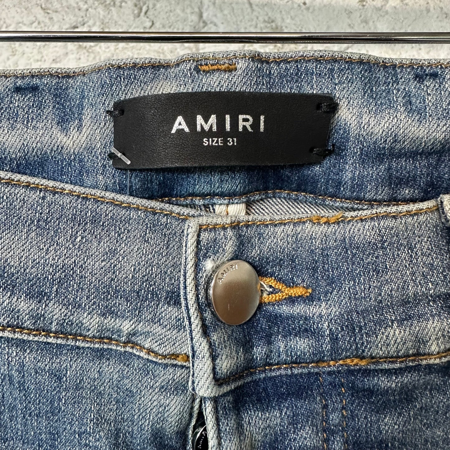 Amiri Leather Stagger Spell Distressed Blue Denim Jeans Sz 31
