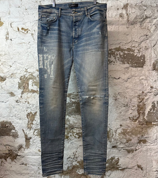 Amiri Distressed Side Spell Blue Denim Jeans Sz 36