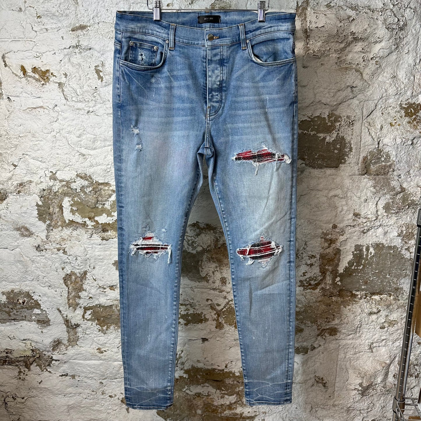 Amiri MX1 Red Black Plaid Flannel Blue Denim Jeans Sz 38