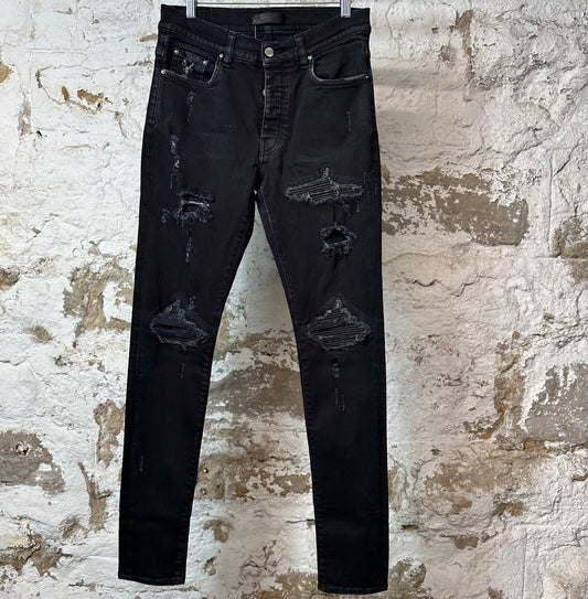 Amiri MX1 Black Leather Black Waxed Denim Jeans Sz 32