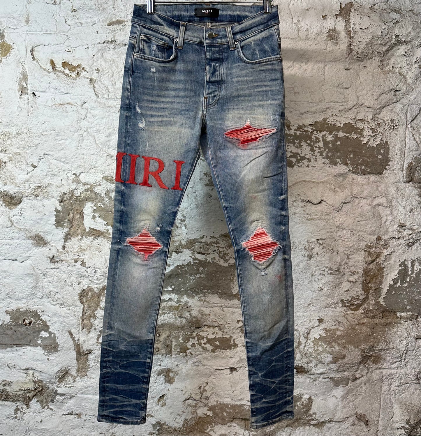 Amiri MX1 Red Suede Spell Blue Denim Jeans Sz 28