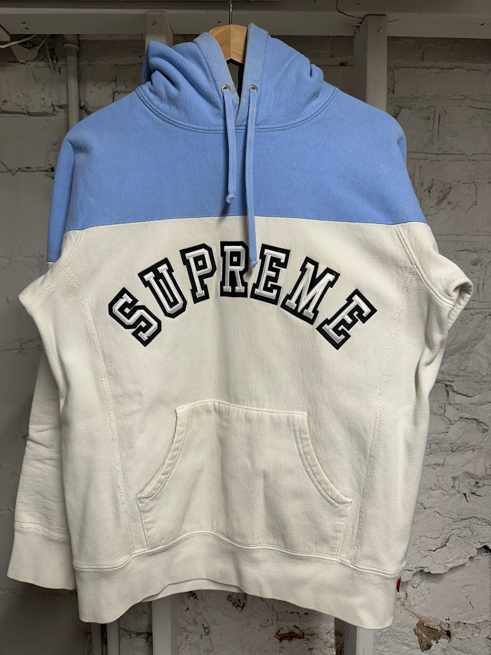 Supreme White Light Blue Spellout Hoodie Sz S