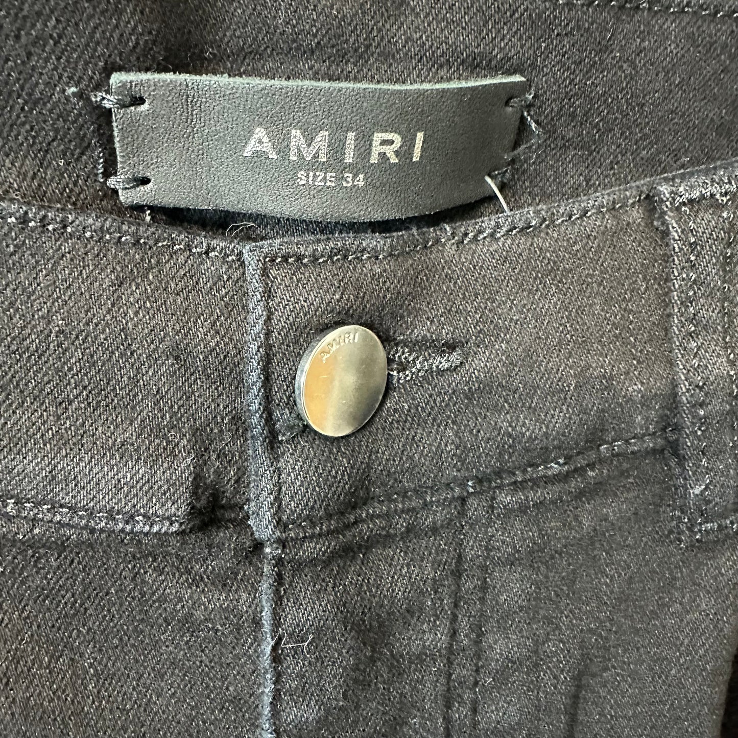 Amiri Black Suede Spell Black Denim Jeans Sz 34