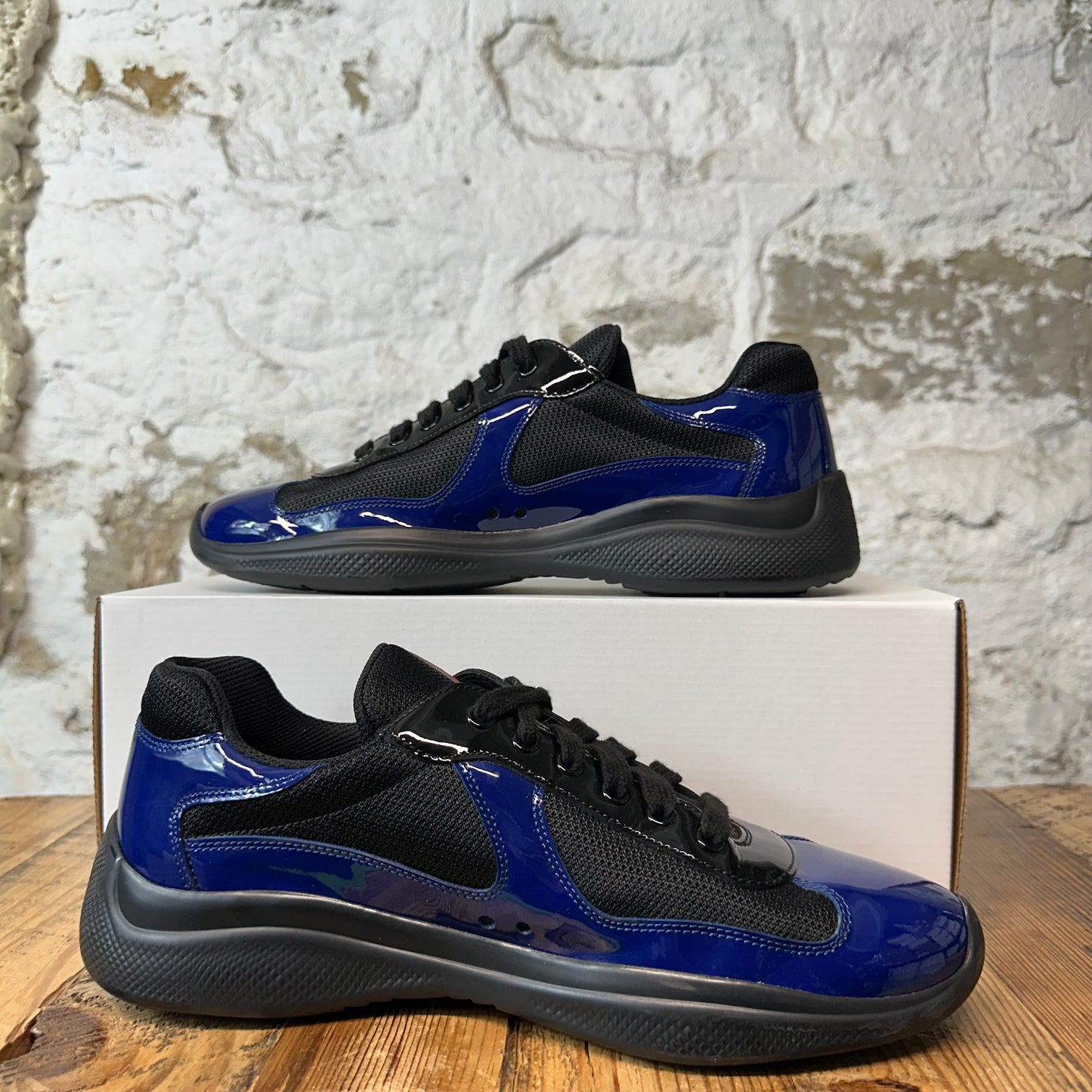 Prada Americas Cup Royal Blue Patent Black Sneaker Sz 8