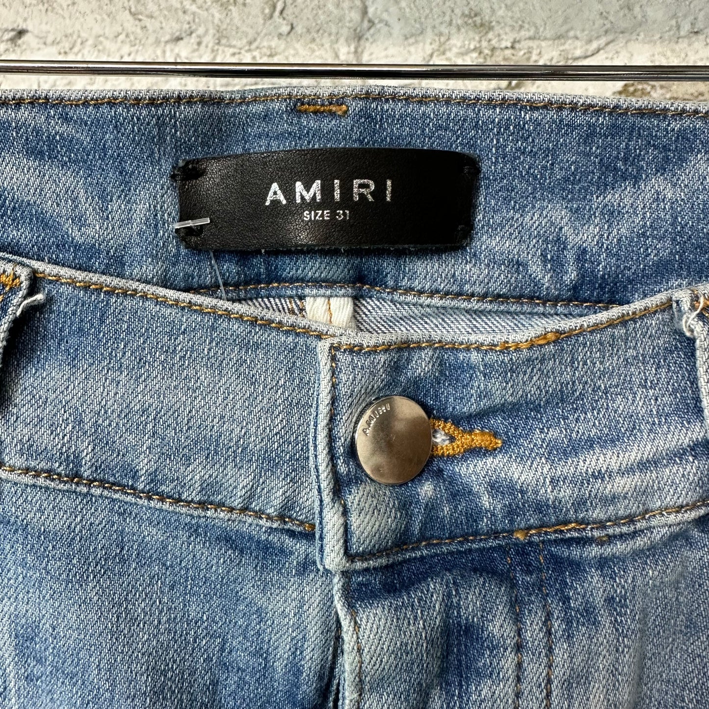 Amiri MX1 Cream Glitter Spell Blue Denim Jeans Sz 31