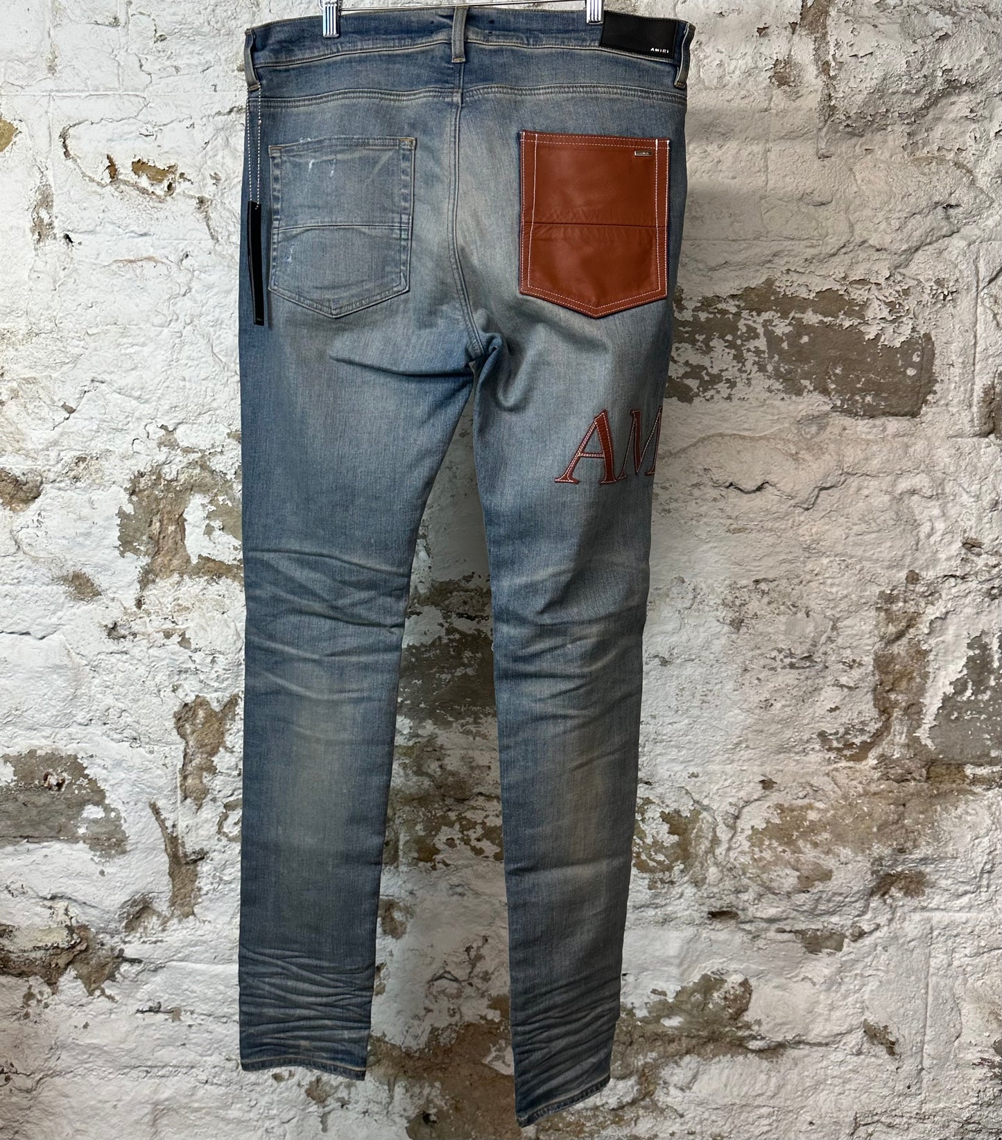 Amiri Brown Leather Spell Blue Denim Jeans Sz 36