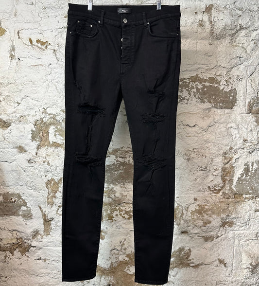 Amiri Plain Black Distressed Denim Jeans Sz 38