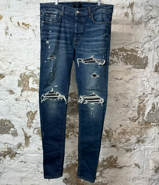 Amiri MX1 Black Leather Dark Blue Denim Jeans Sz 38