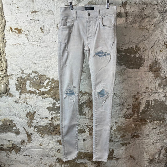 Amiri MX1 Light Blue Leather Light Washed Blue Denim Jeans Sz 28