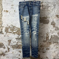Amiri Felt Spellout Distressed Blue Denim Jeans Sz 34