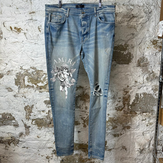 Amiri Cherub Angel Logo Blue Denim Jeans Sz 38