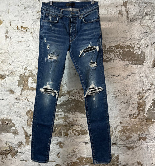 Amiri MX1 Black Leather Dark Blue Denim Jeans Sz 31