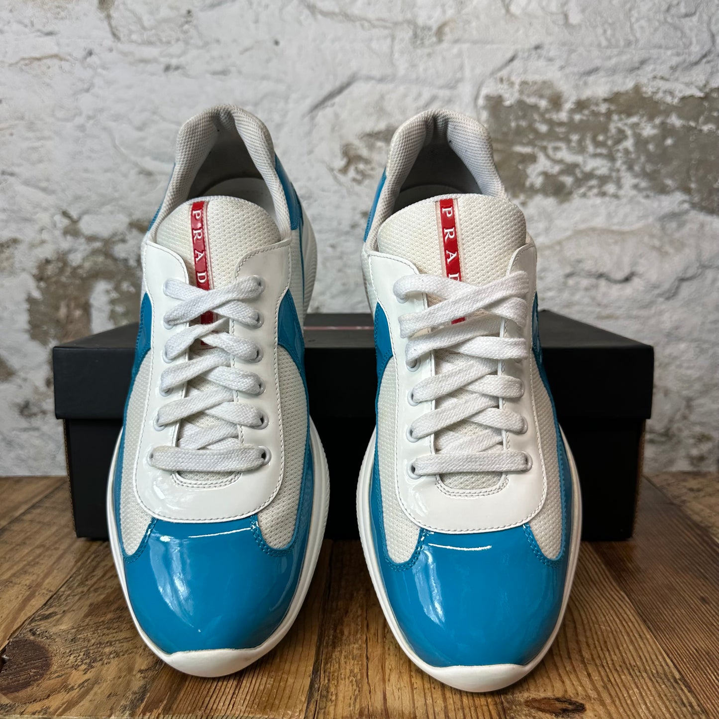 Prada Americas Cup Teal Blue Patent White Sneaker Sz 11.5