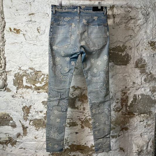 Amiri Knee Rip White Paisley Print Blue Denim Jeans Sz 31