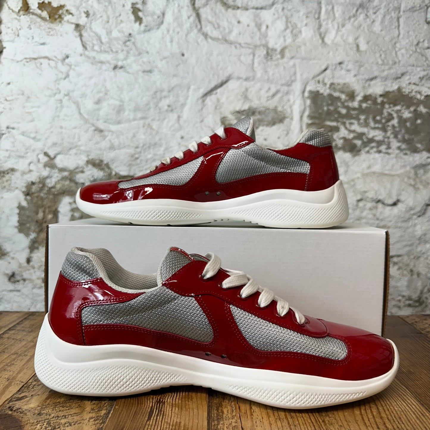 Prada Americas Cup Red Patent Grey White Sneaker Sz 9
