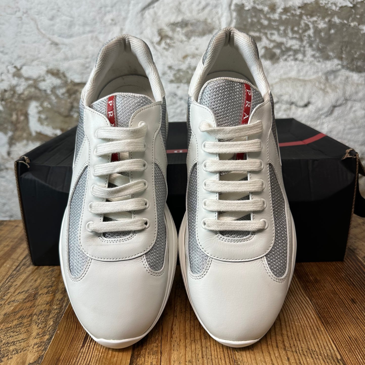 Prada Americas Cup White Leather Grey Sneaker Sz 9.5