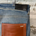 Amiri Brown Leather Spell Blue Denim Jeans Sz 36