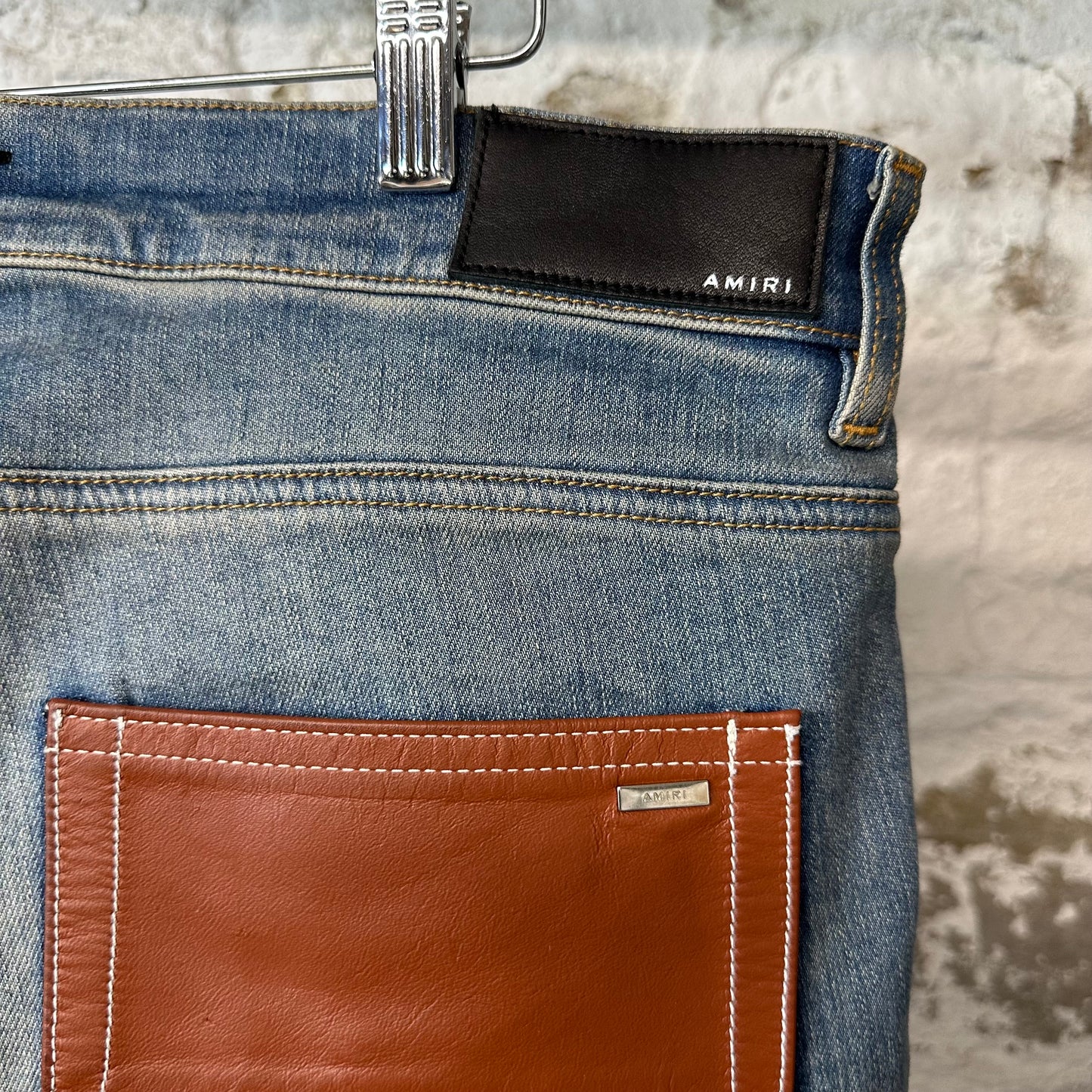 Amiri Brown Leather Spell Blue Denim Jeans Sz 36