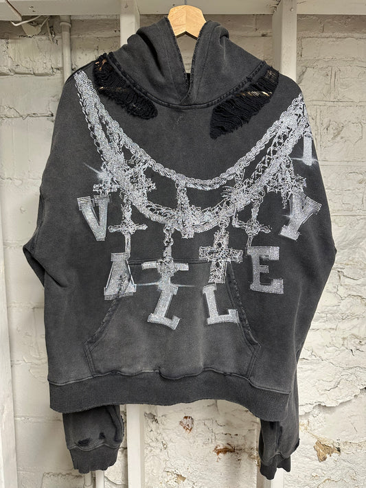 Vale Rhinestones Necklace Black Hoodie Sz S