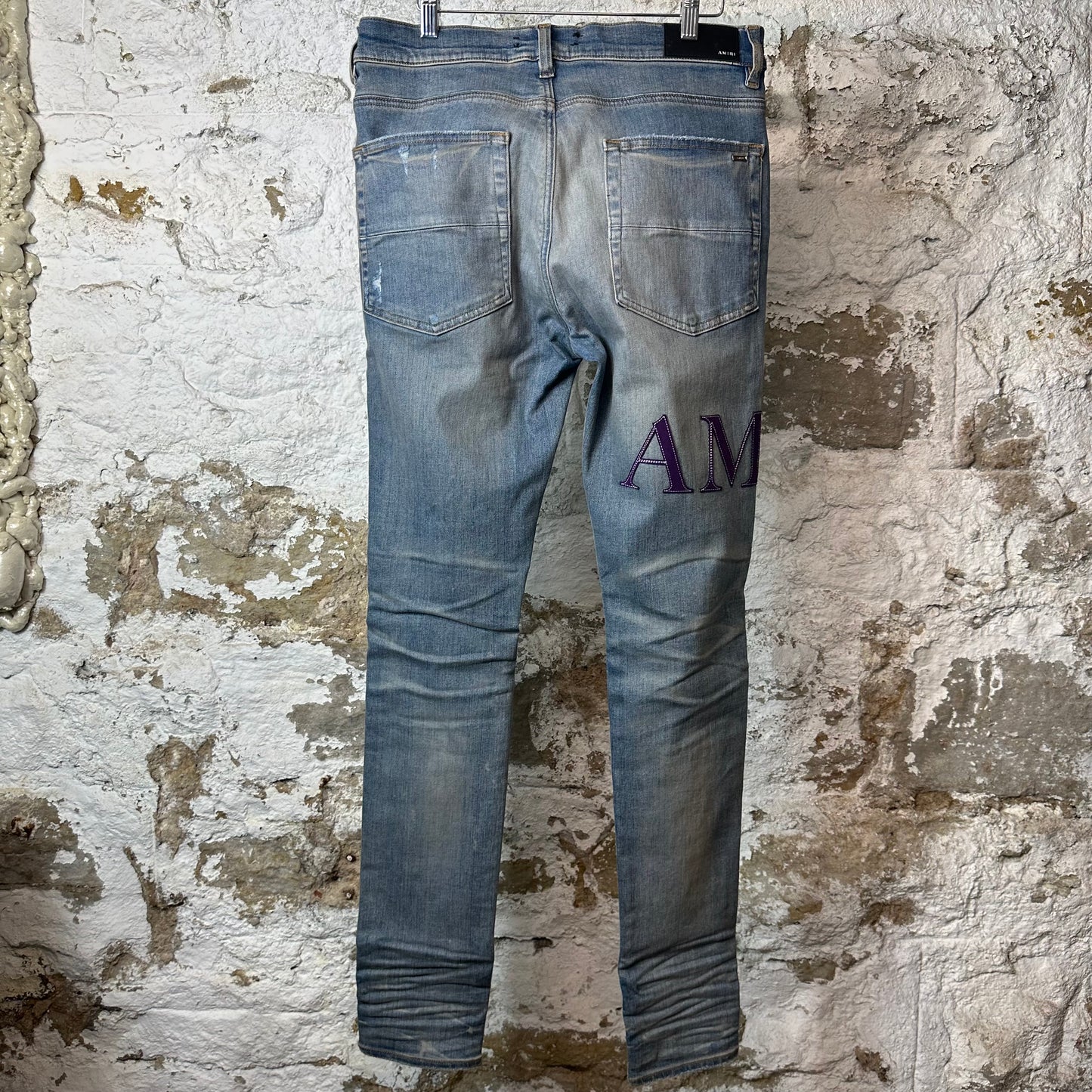 Amiri Purple Suede Core Logo Blue Denim Jeans Sz 34
