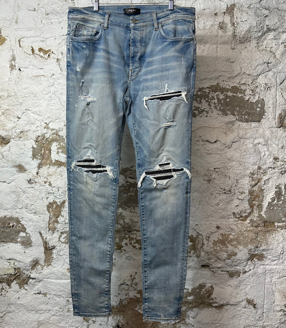 Amiri MX1 Black Leather Blue Denim Jeans Sz 36