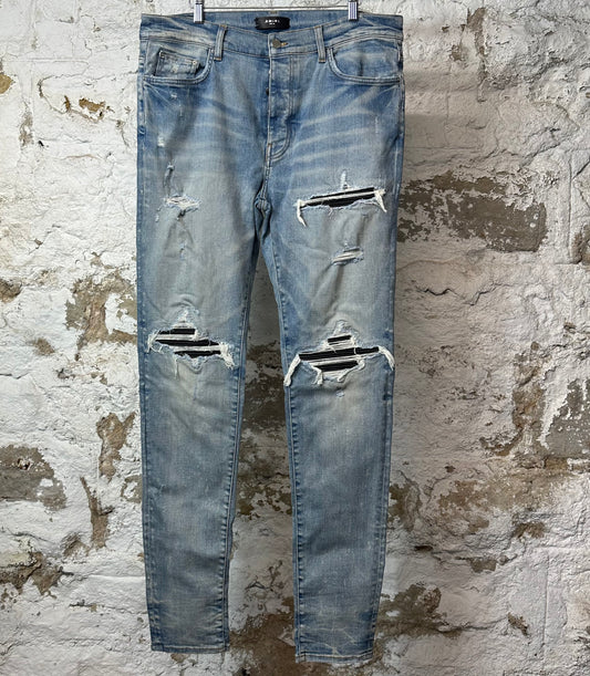 Amiri MX1 Black Leather Blue Denim Jeans Sz 36