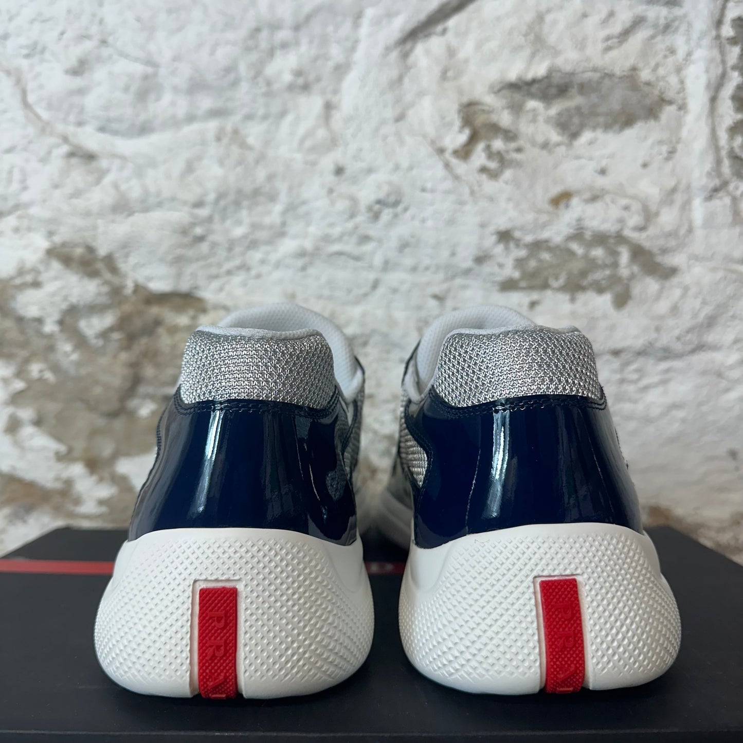 Prada Americas Cup Royal Argento Patent Sneaker Sz 8 DS