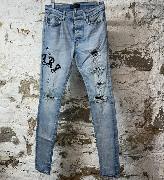 Amiri Black Old English Spell Blue Denim Jeans Sz 30