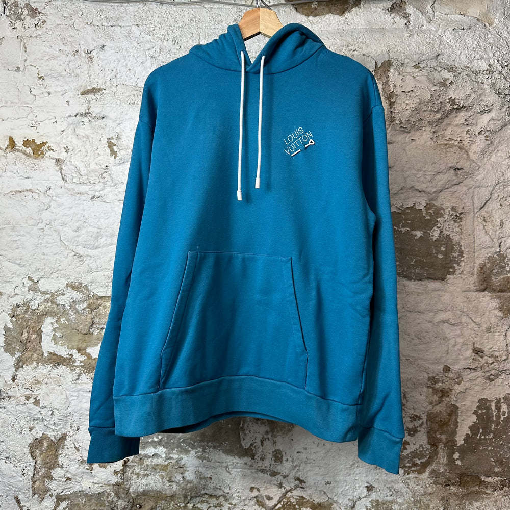 Louis Vuitton Pin Logo Embroidered Hoodie Blue Sz XL
