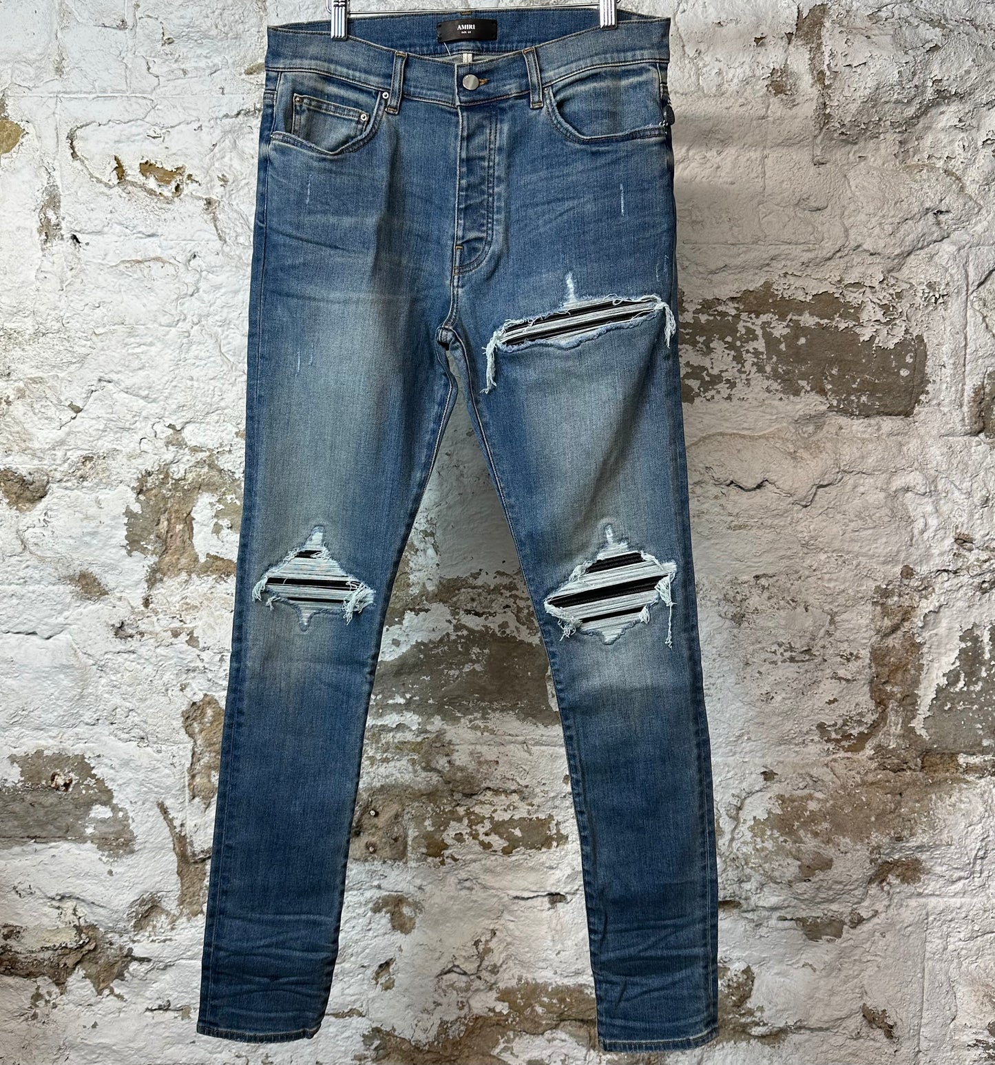 Amiri MX1 Black Leather Dark Blue Denim Jeans Sz 33 DS