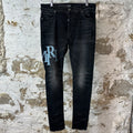 Amiri Blue Crystal Stagger Black Denim Jeans Sz 34