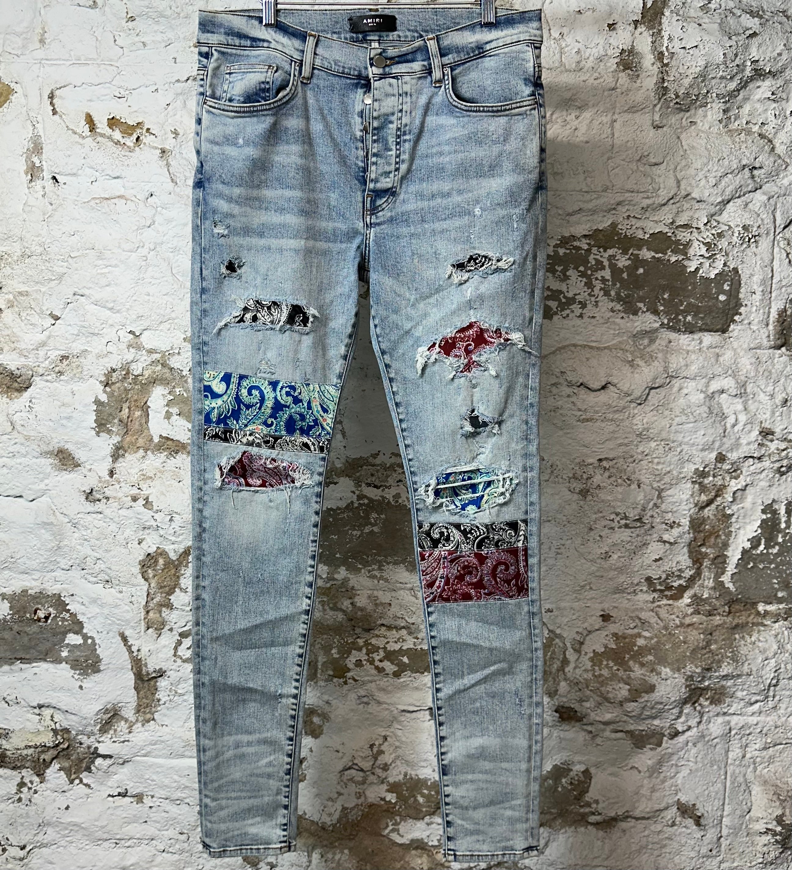 Amiri Multicolor Paisley Patches Washed Blue Denim Jeans Sz 36