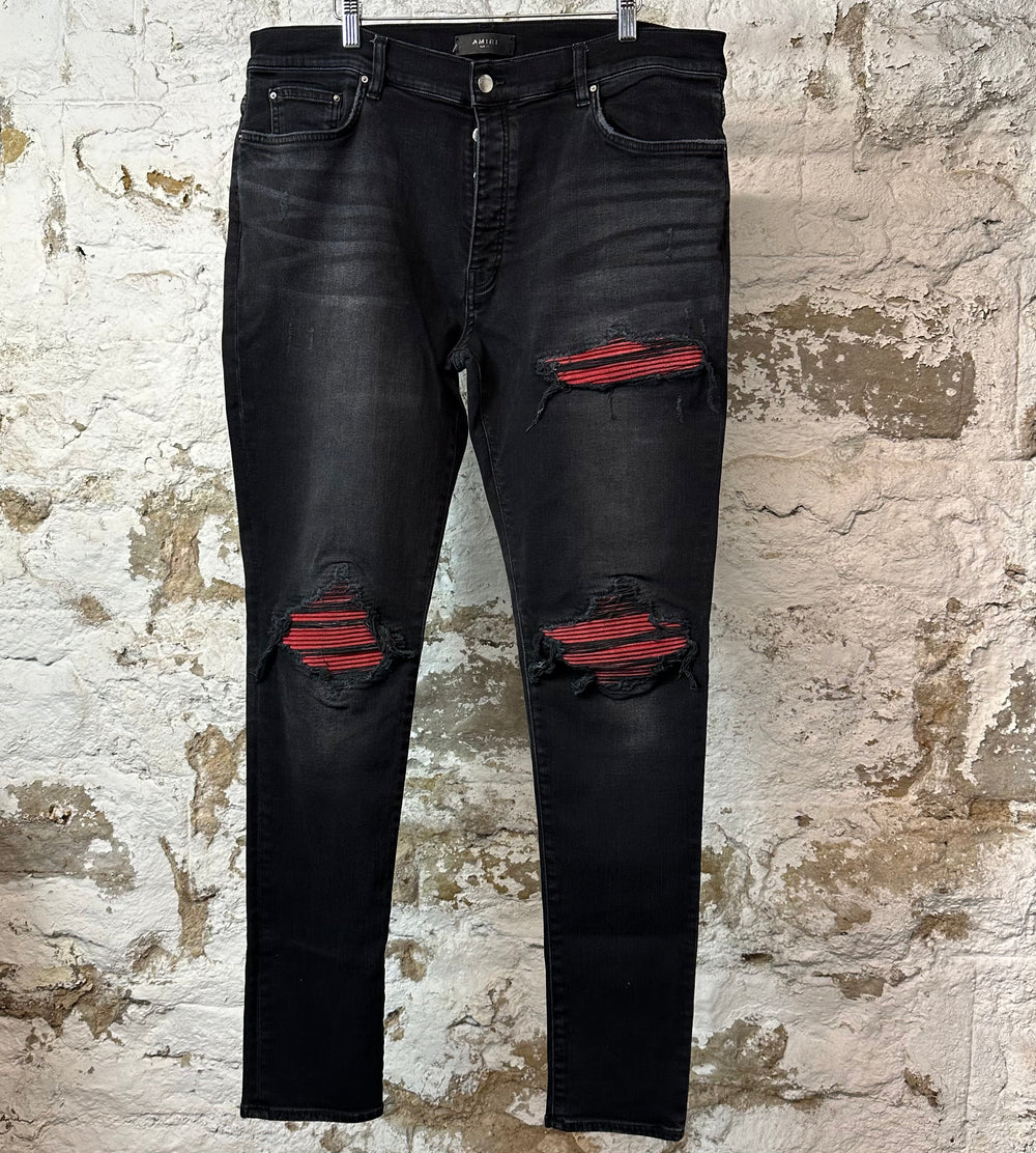 Amiri MX1 Red Suede Faded Black Denim Jeans Sz 38