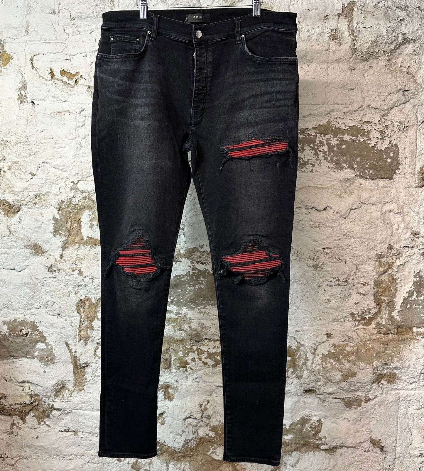 Amiri MX1 Red Suede Faded Black Denim Jeans Sz 38