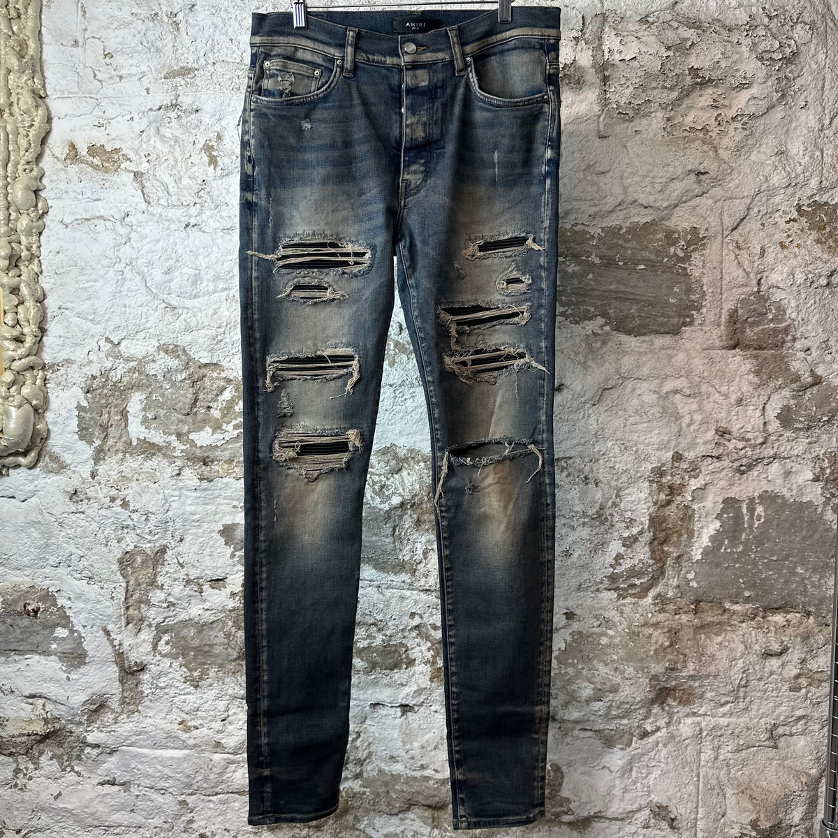 Amiri MX1 Black Leather Dirty Blue Denim Jeans Sz 34