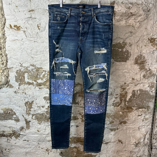 Amiri MX1 Blue Paisley Art Patch Dark Blue Denim Jeans Sz 36