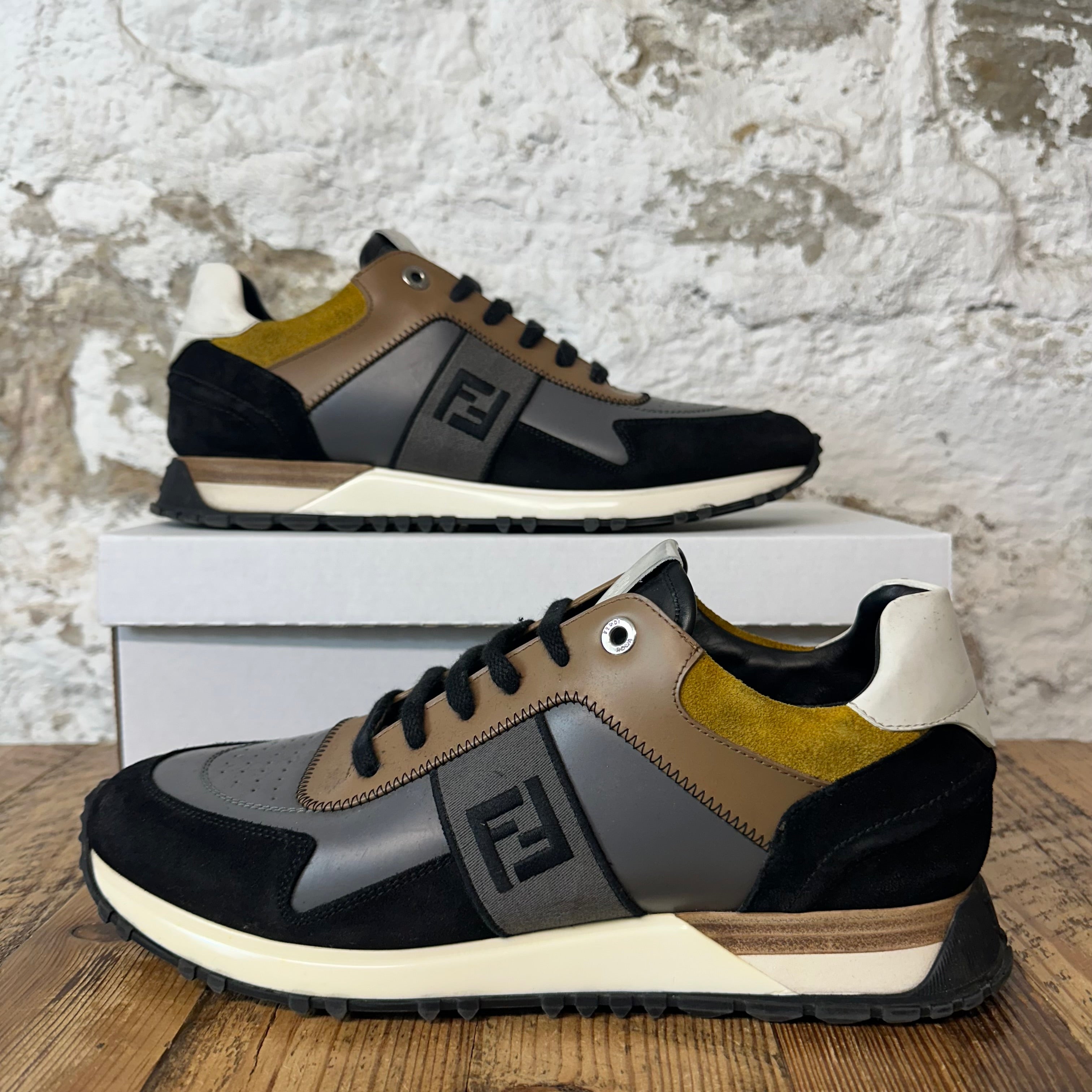 Fendi FF Logo Brown Grey Black Trainer Sneaker Sz 10
