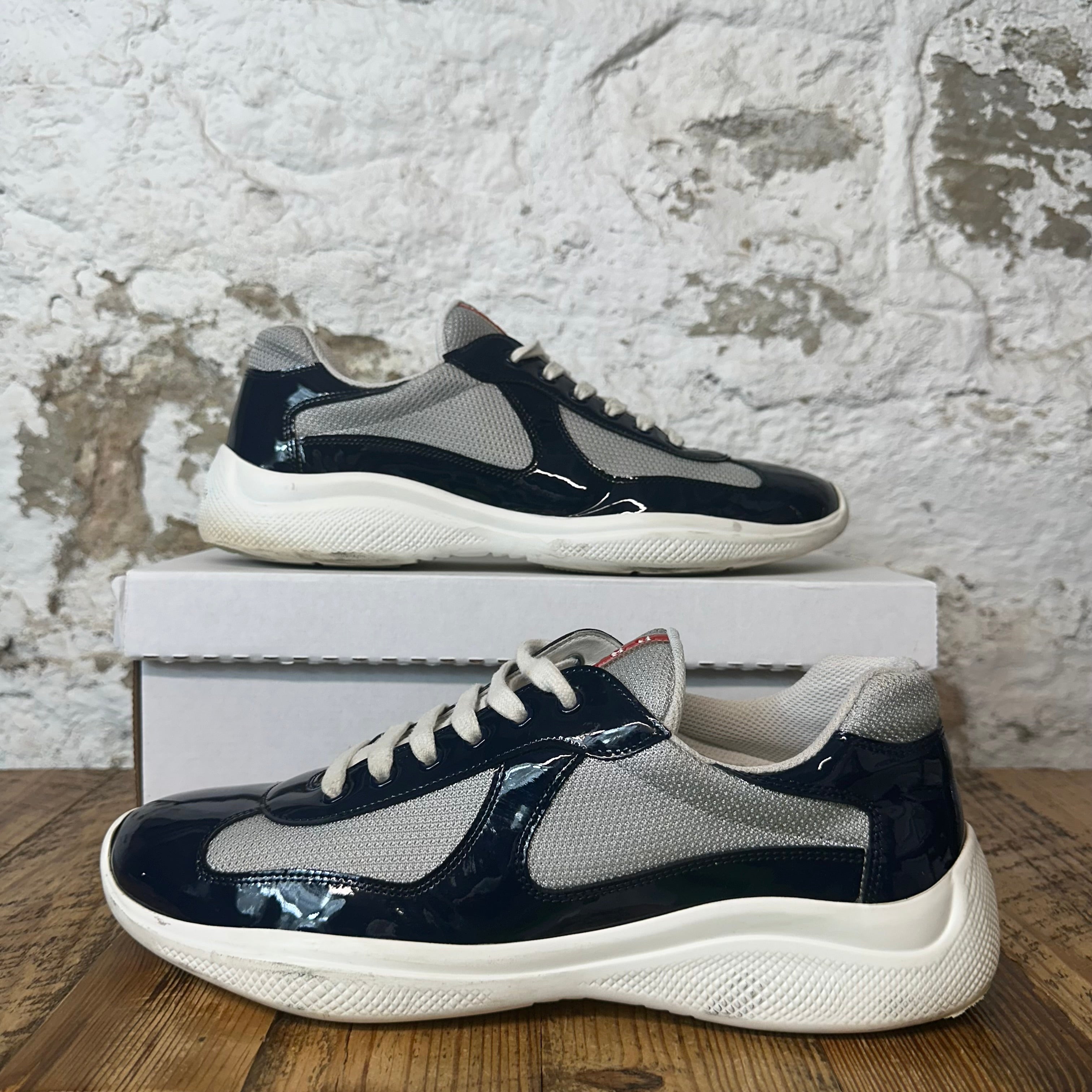Prada Americas Cup Navy Patent Grey White Sneaker Sz 10.5