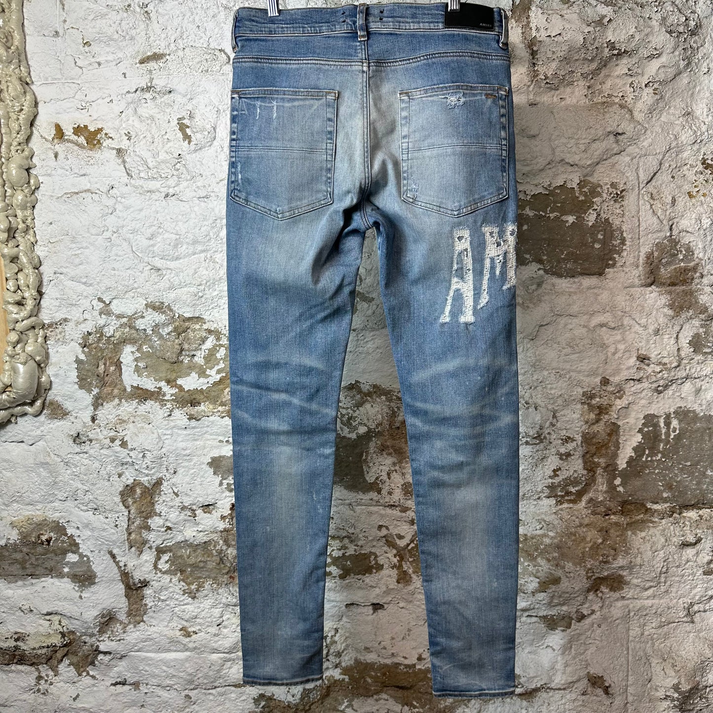 Amiri Distressed Side Spell Blue Denim Jeans Sz 34