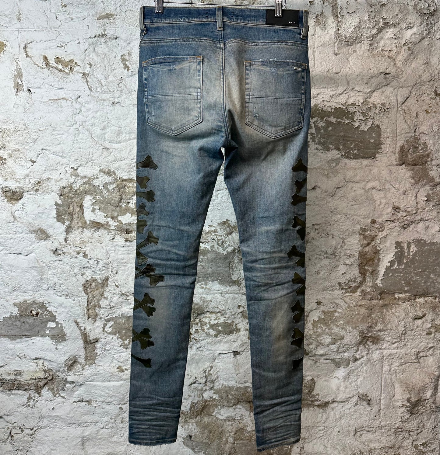 Amiri Green Camo Bones Blue Denim Jeans Sz 30