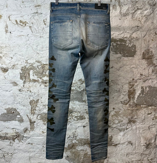 Amiri Green Camo Bones Blue Denim Jeans Sz 30