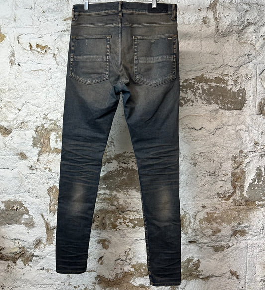 Amiri MX1 Black Leather Dirty Blue Denim Jeans Sz 34