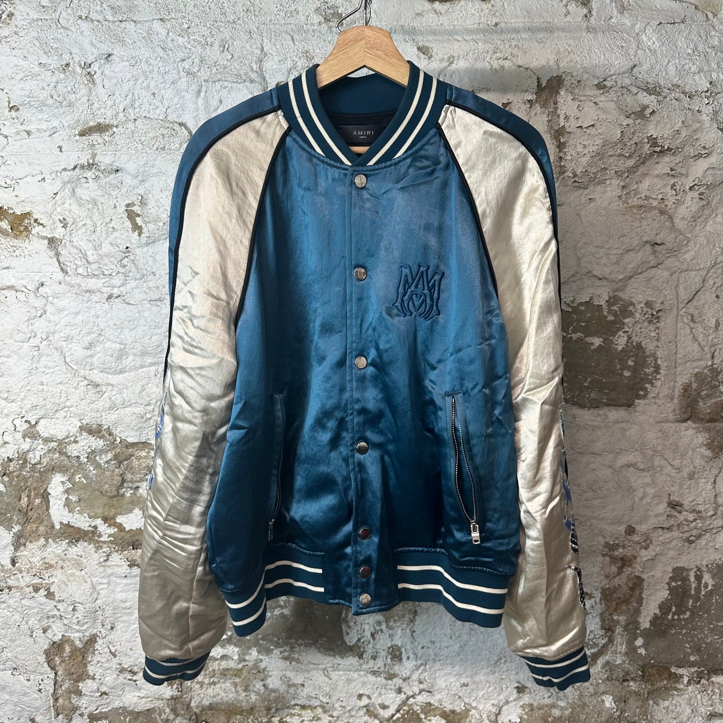 Amiri Bandana Flames Satin Varsity Jacket Blue Sz L
